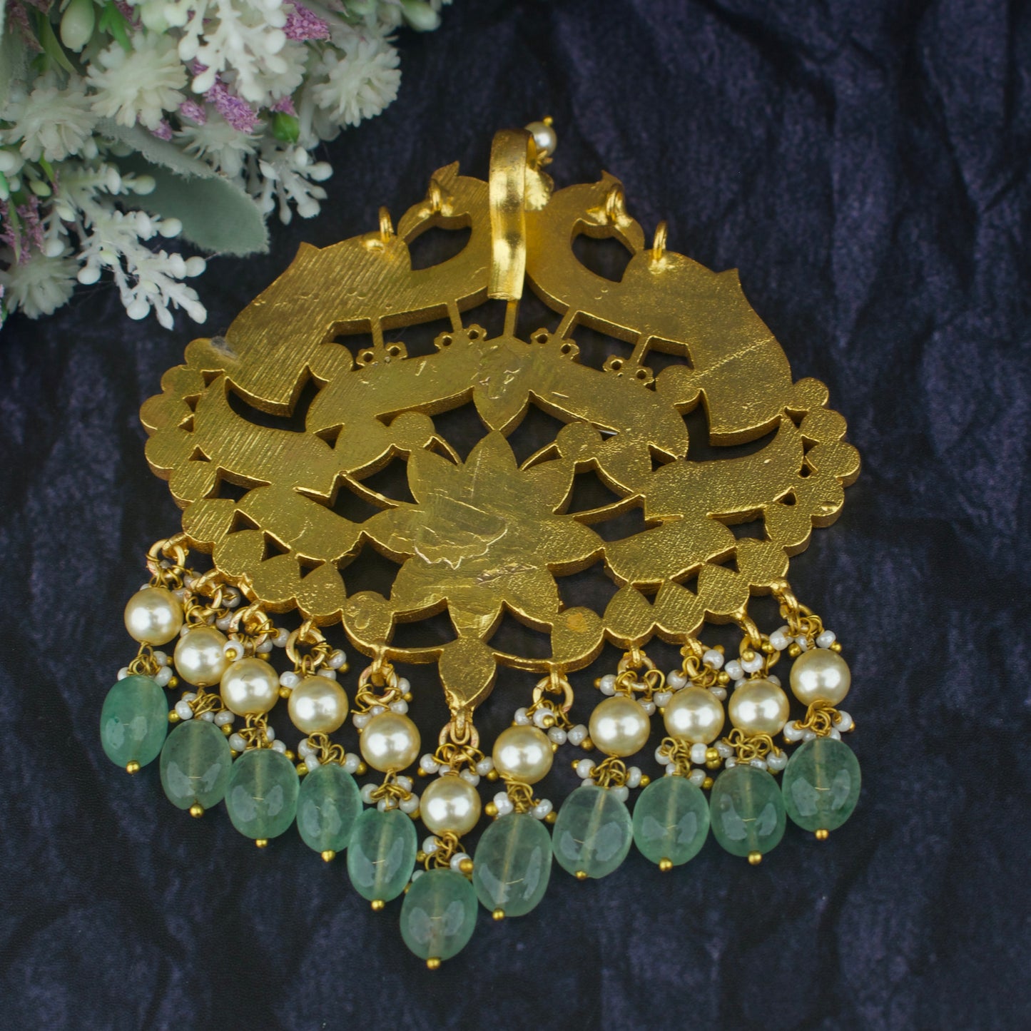 Jadau Kundan Locket With Floral Peacock Design With Swarovski Pearl Hanging