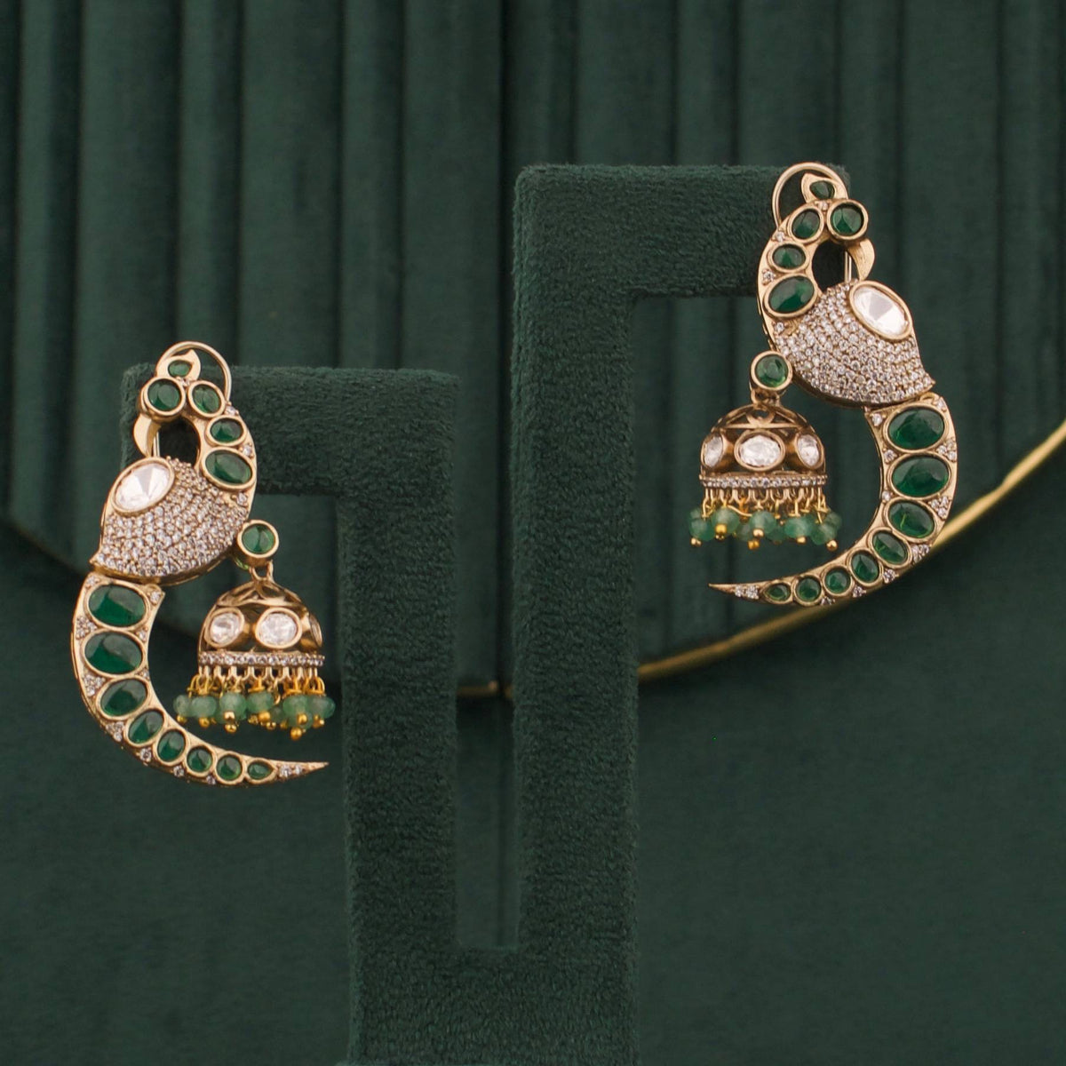 Traditional Peacock Design Polki Victorian Jhumki - Handcrafted Indian Bridal Jewelry by Dulhan Jewels