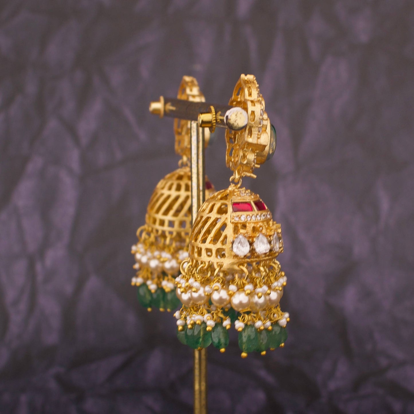Designer Polki Kundan Jhumka Earrings With Pearl And Beads Hanging