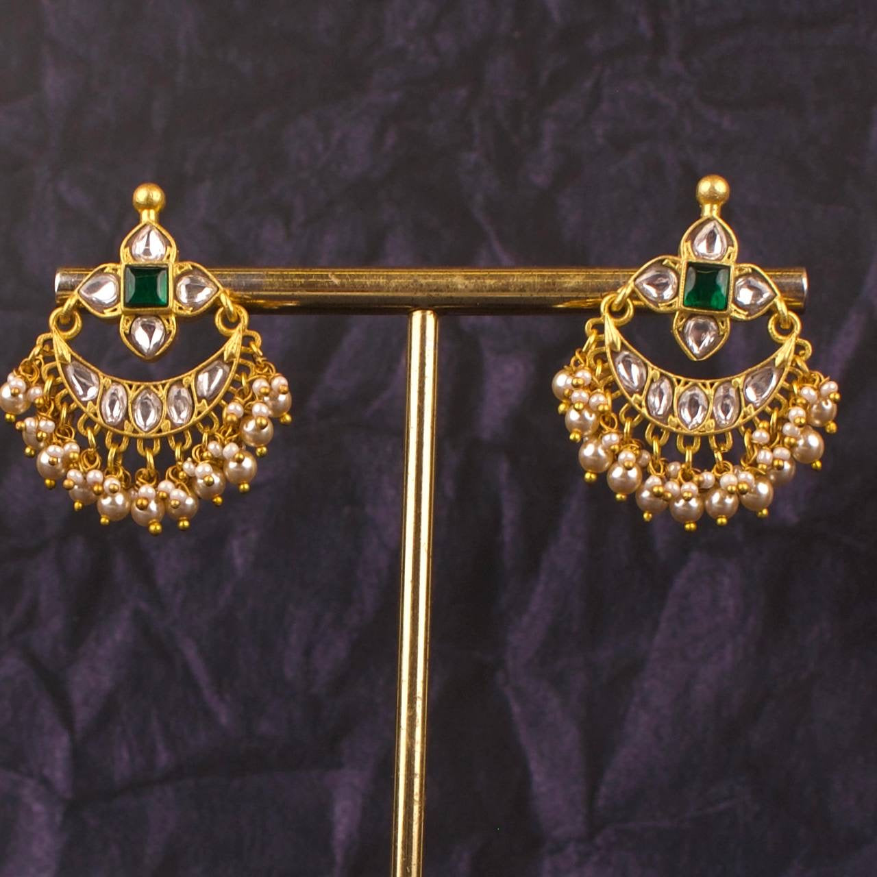 Sleek Jadau Kundan Chandbali Earrings With Swarovski Pearl Hangings