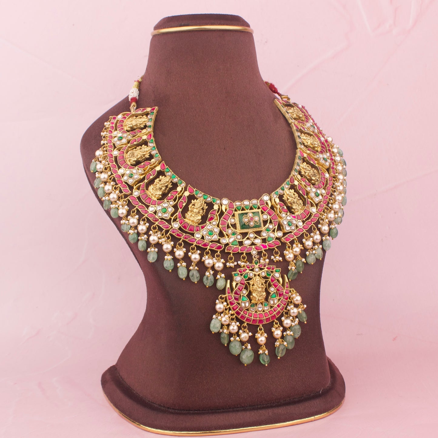 Close-Up Detail View of Grand Chandbali Ganesh Design Lockets Jadau Kundan Short Necklace | Dulhan Jewels