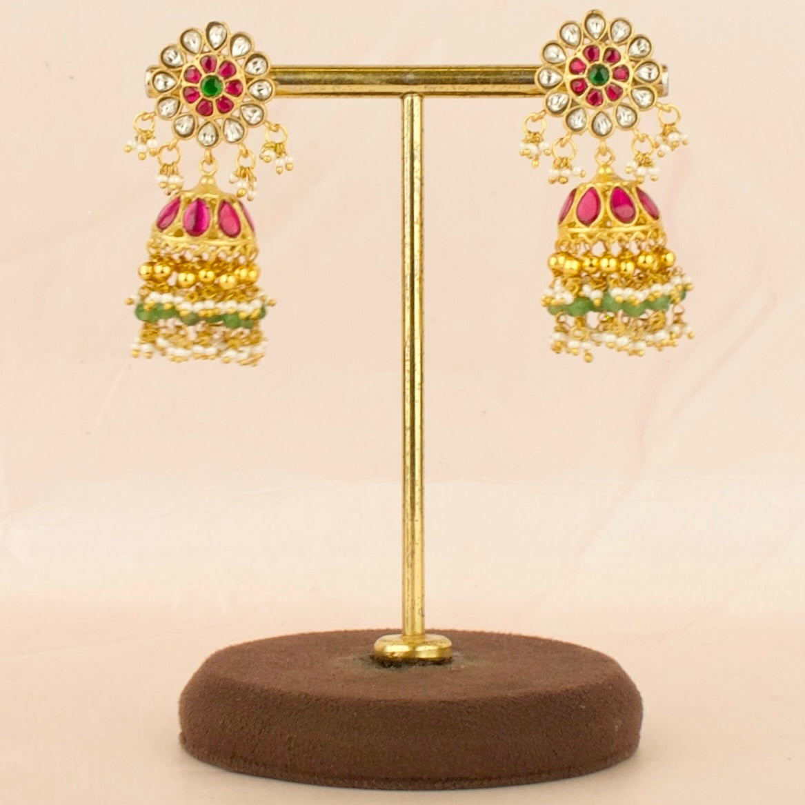 Gold inspired Floral Design Studded Jadau Kundan Jhumki with Beads