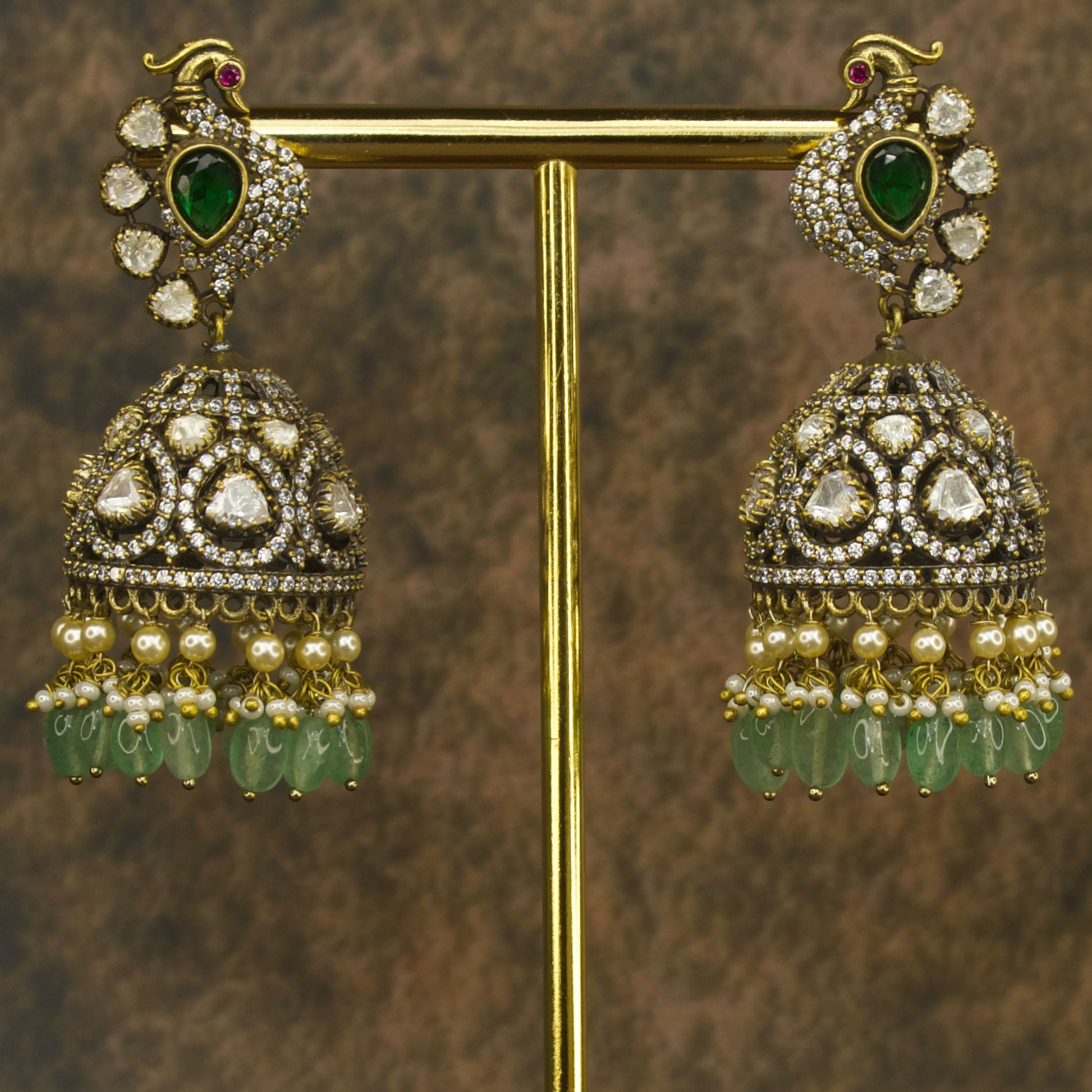 Peacock Studded Victorian Finish Polki Jhumka Earrings with high quality victorian finish