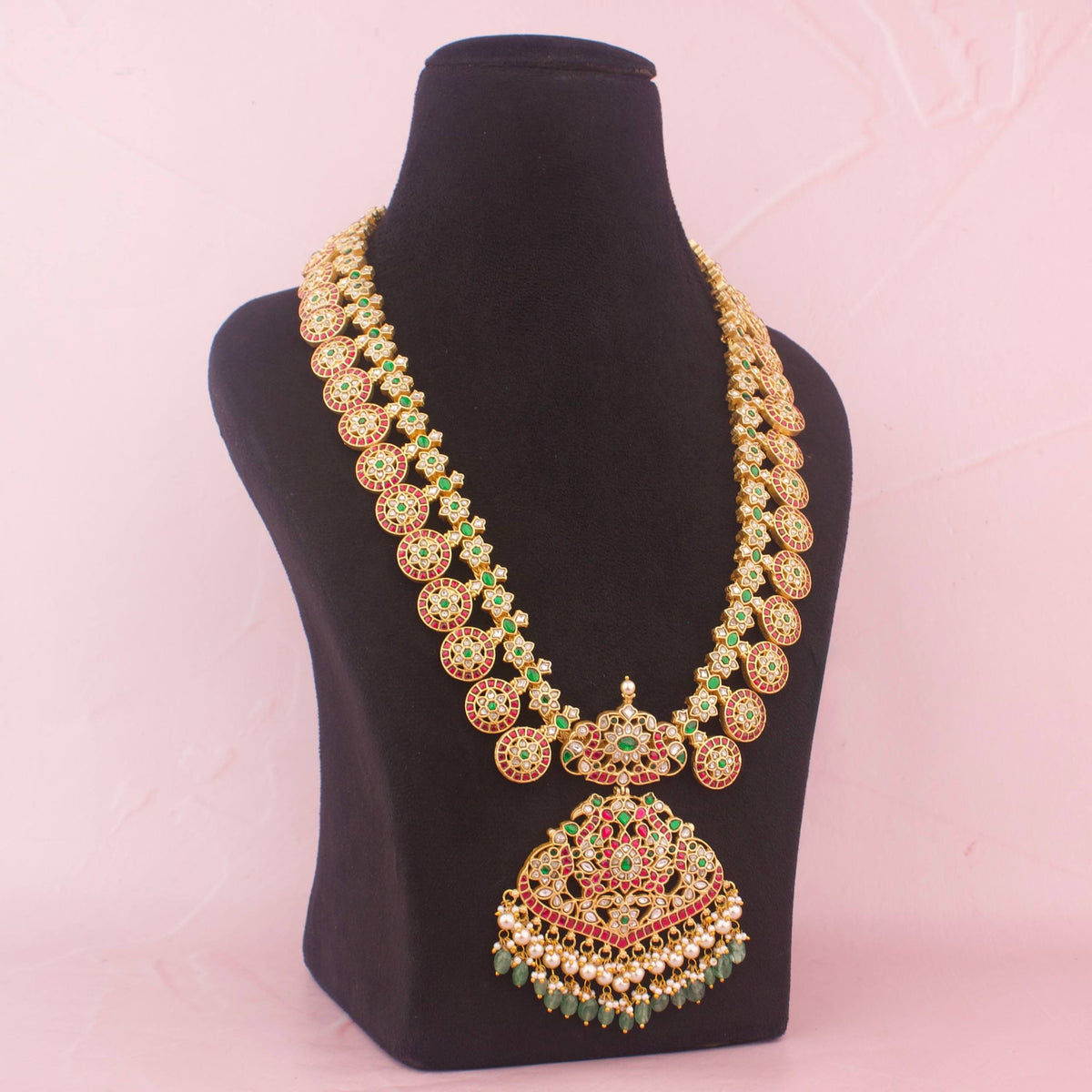 Bridal Jadau Kundan Long Haram Necklace With Pendant Craftsmanship & Detail View - Dulhan Jewels