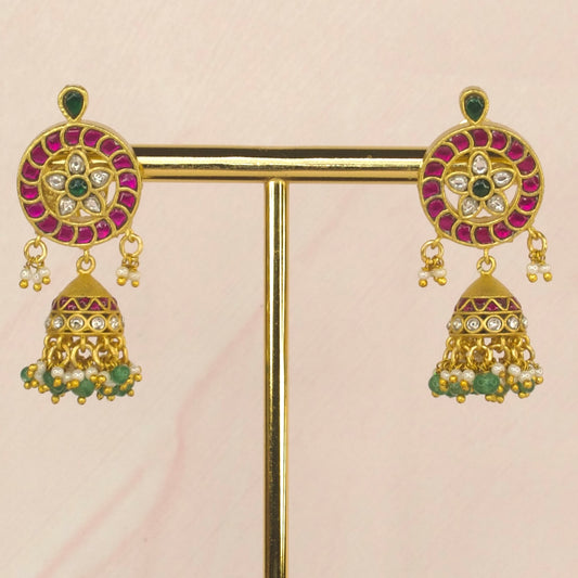 Radiant Ruby and Emerald Jadau Kundan Jhumka