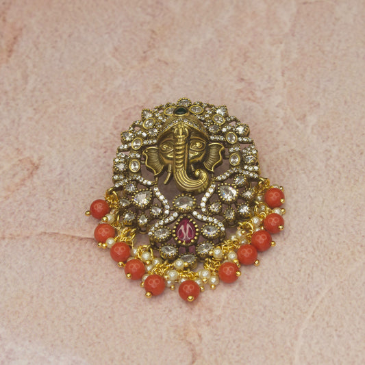 Lord Ganesha Victorian Pendant with Coral Beads with Zircon stones with High Quality Victorian finish. This product belongs to Victorian jewellery category