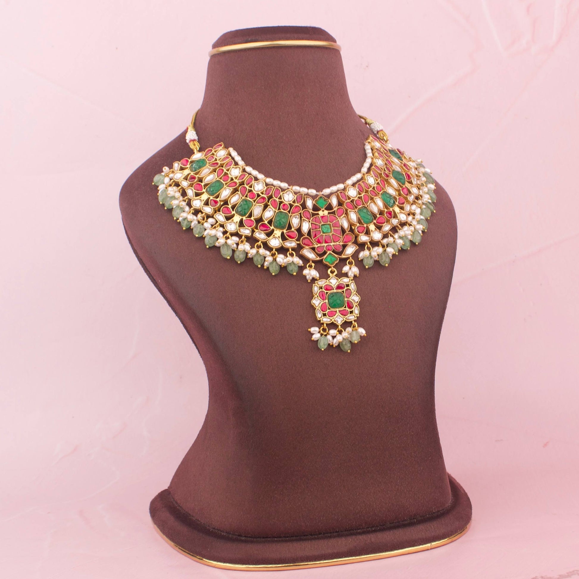 Close-Up Detail View of Exclusive Jadau Kundan Necklace Multi Coloured Kundan Necklace | Dulhan Jewels