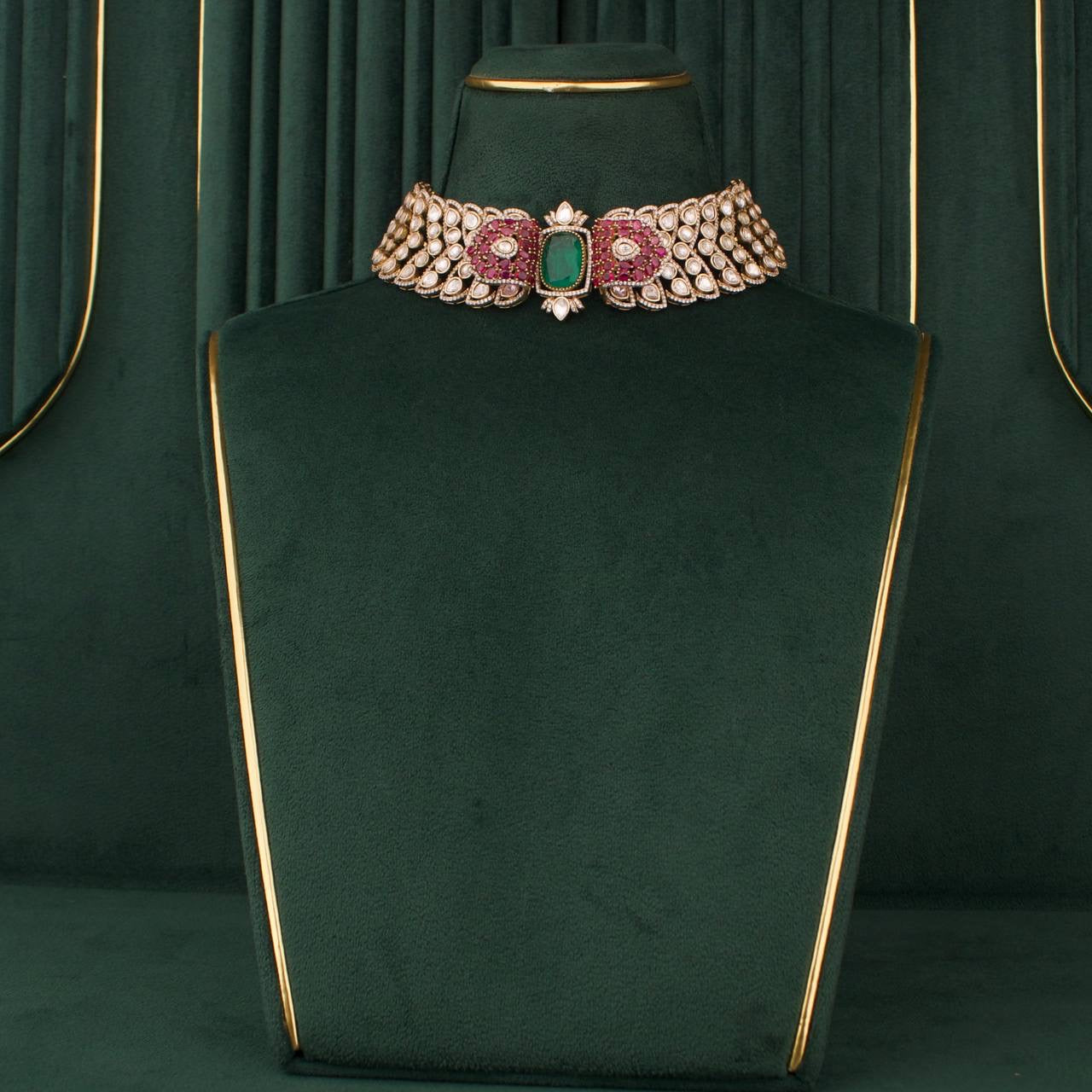 Bridal Victorian Moissanite Polki Choker Set With Matching Earrings