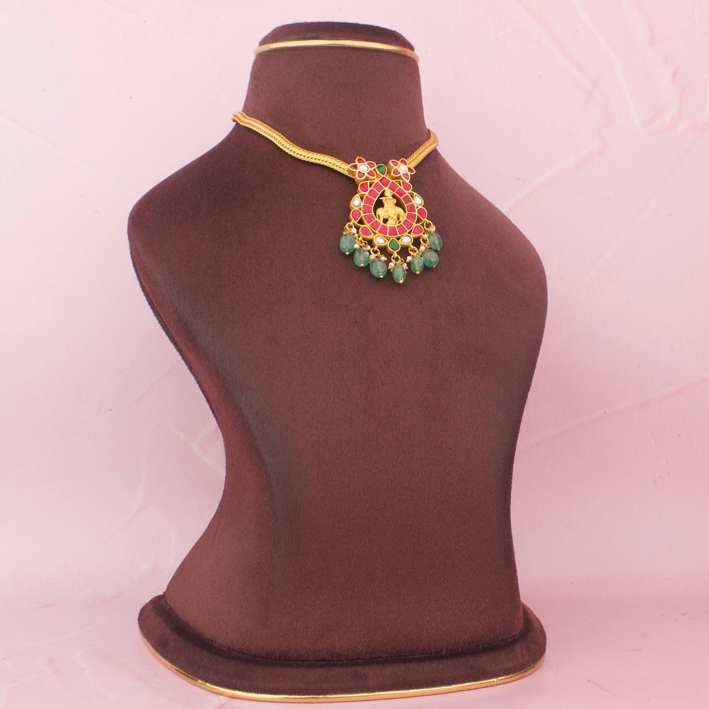 Ethnic Jadau Kundan Nantad Chain Necklace With Green Bead Hangings