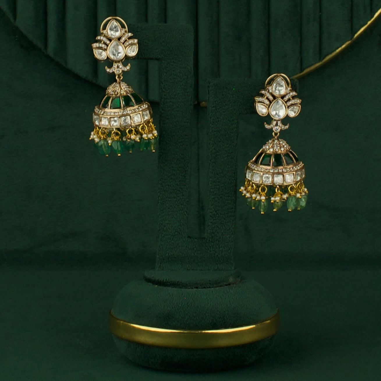 Spectacular Fusion Kundan & Polki Victorian Jhumki with Green Beads