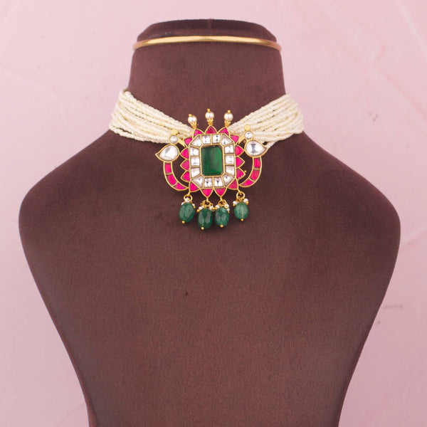Elegant Jadau Kundan Pearl Choker With Emerald Centerpiece