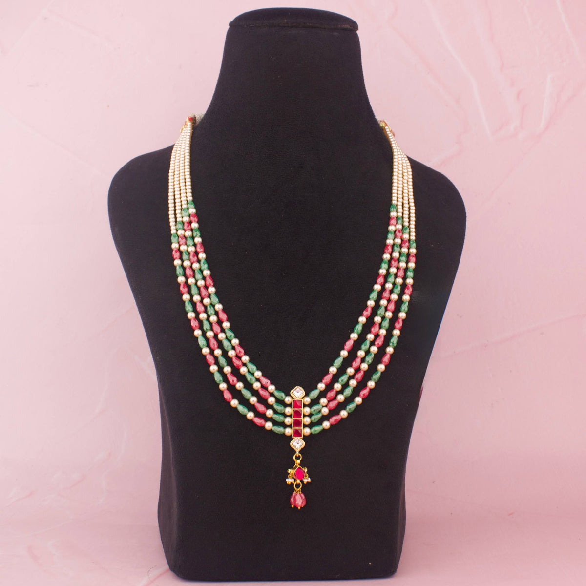 Multi Strand Pearl Beads Necklace With Red Green Beads - Handcrafted Indian Bridal Jewelry by Dulhan Jewels