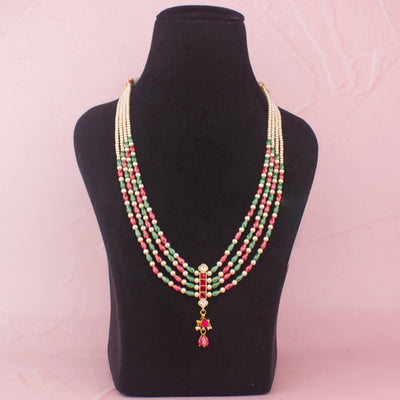 Multi Strand Pearl Beads Necklace With Red Green Beads - Handcrafted Indian Bridal Jewelry by Dulhan Jewels