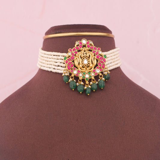 Premium Pearl Choker Necklace With Green Drops adorned with emerald beads for traditional