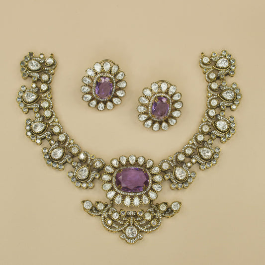 Elegant Short Victorian Moissanite Necklace Set with zircon, and polki stones, including matching earrings. This Victorian Jewellery is available in Red, Purple, Deep purple, & blue colour variants. 