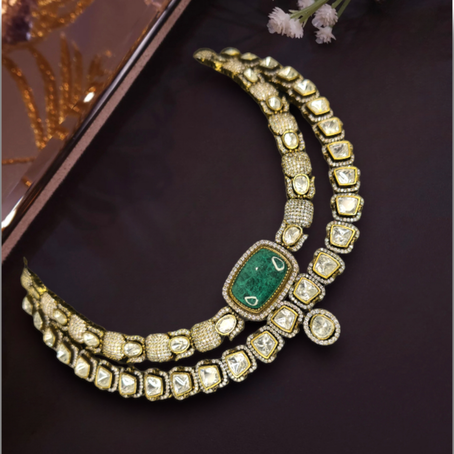 Premium Two-Step Victorian Necklace Set in Mint colour with zircon, and moissanite polki stones, including matching earrings. This Victorian Jewellery is available in a Green colour variant. 