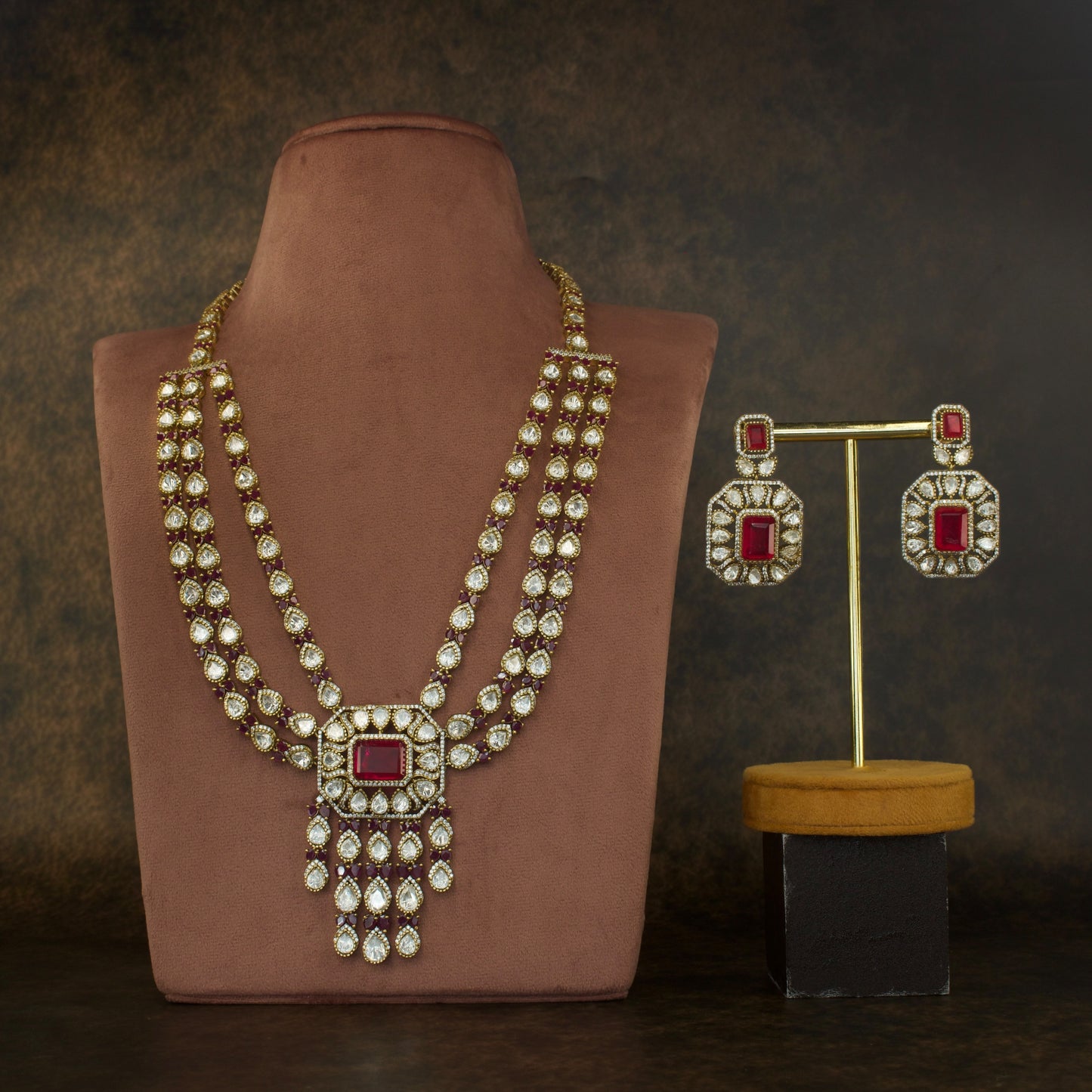 Three Step Heavy Victorian Zircon Necklace Set with High Quality Victorian Finish. This product belongs to Victorian Jewellery Category