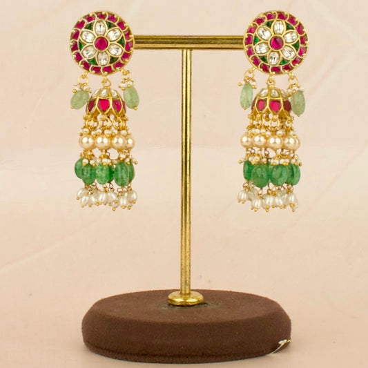 Festive Floral Design Studded Jadau Kundan Jhumki with Beads Hanging