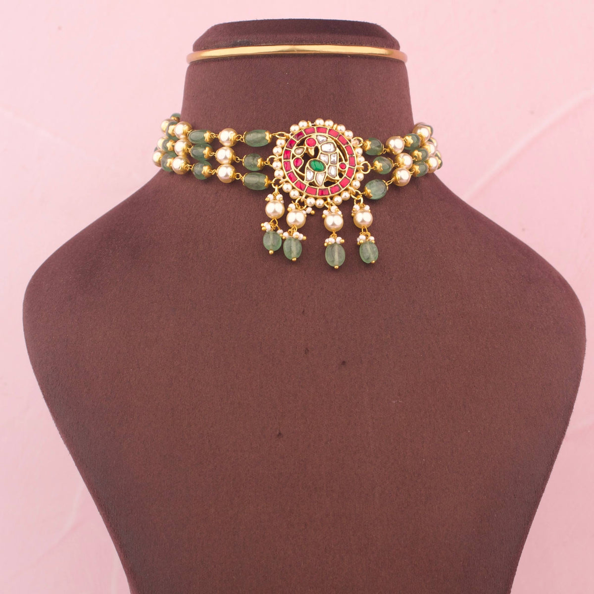 Jadau Kundan Choker Necklace With Pearl And Green Beads - Handcrafted Indian Bridal Jewelry by Dulhan Jewels