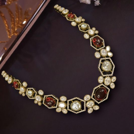 Antique Victorian Necklace with Polki Kundan Stones and earring. This Victorian Jewellery is available in Red,Green & Purple colour variants. 