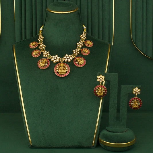 Floral Laksmi Devi Design Mehandi Victorian  Necklace with Matching Earrings