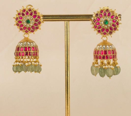 Floral Design Studded Jadau Kundan Jhumki Earrings for Elegance - DULHAN JEWELS