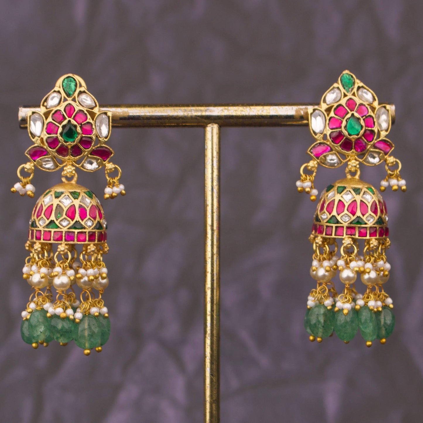 Bridal Jadau Kundan Jhumki With Pearl & Bead Droplets