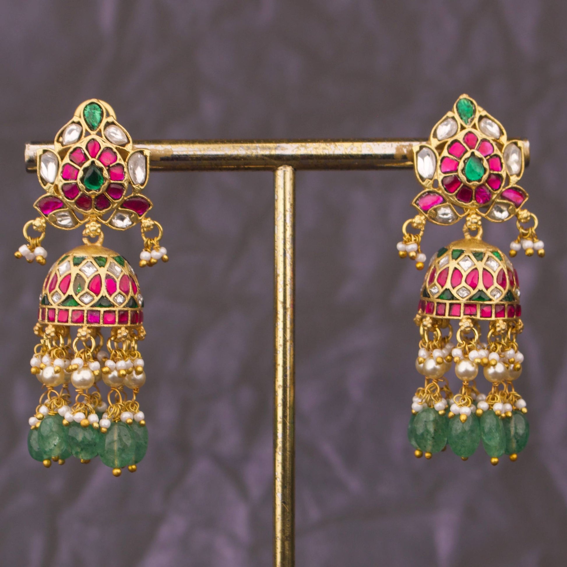 Bridal Jadau Kundan Jhumki With Pearl & Bead Droplets