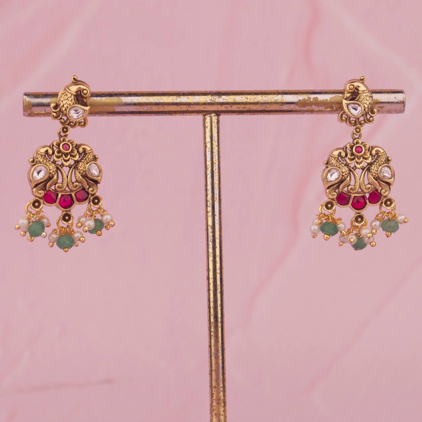 Traditional Peacock Nakshi Jadau Kundan Necklace With Emerald Beads