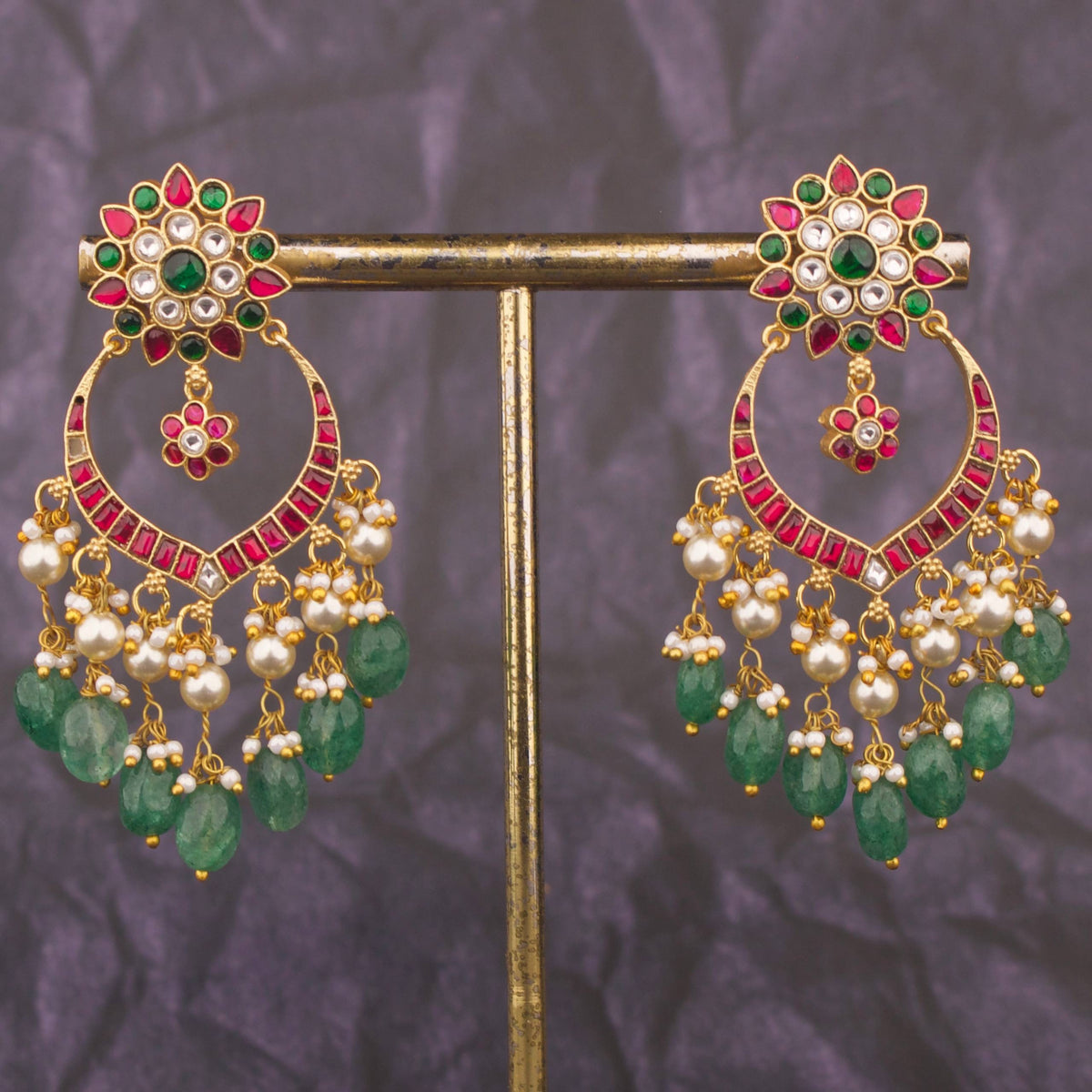 Floral Studded Jadau Kundan Chandbali Earrings With Emerald Beads - Handcrafted Indian Bridal Jewelry by Dulhan Jewels