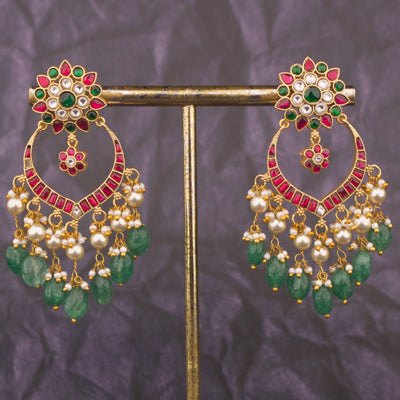 Floral Studded Jadau Kundan Chandbali Earrings With Emerald Beads