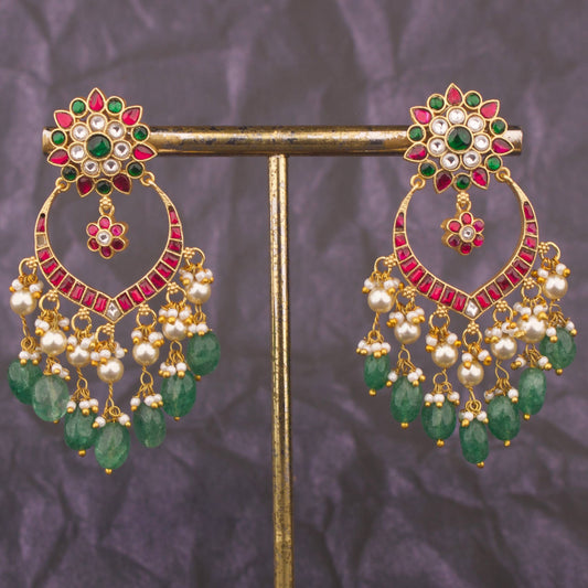 Floral Studded Jadau Kundan Chandbali Earrings With Emerald Beads