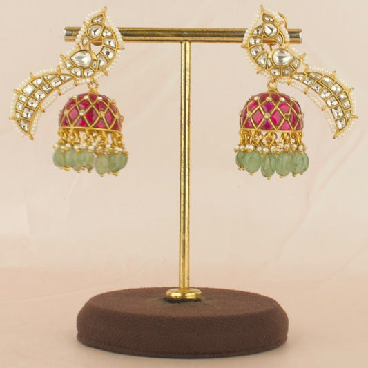 Peacock Design Studded Jadau Kundan Jhumki with Green Beads