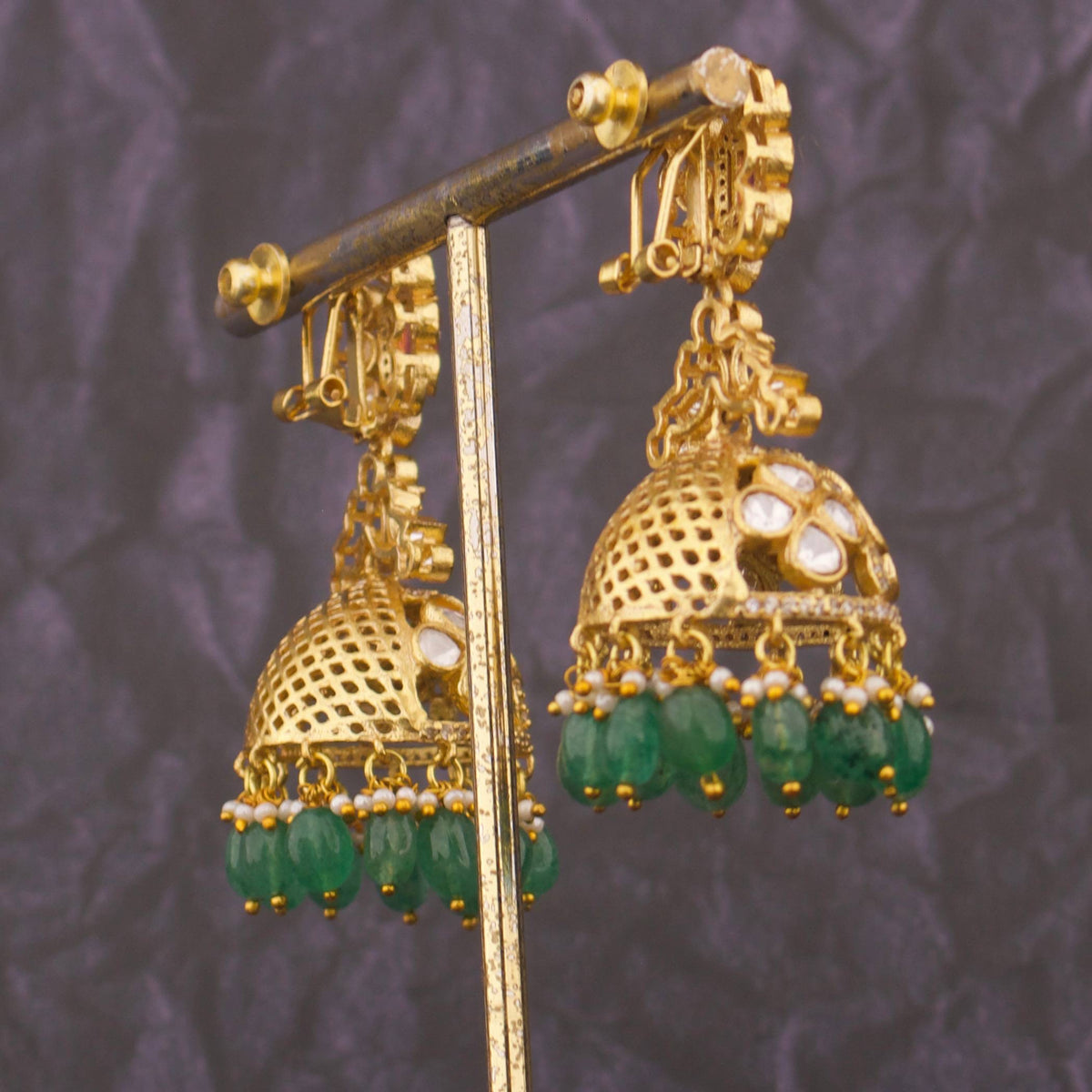 Radiant Moissanite Polki Jhumki Earrings With Strawberry Beads Craftsmanship & Detail View - Dulhan Jewels