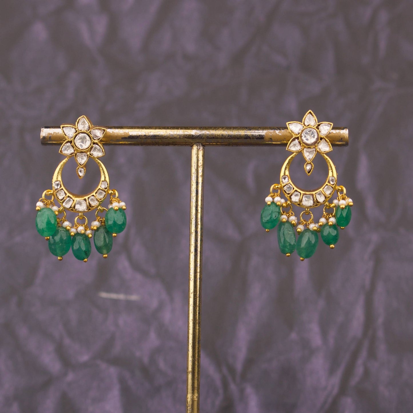 Unique Jadau Kundan Chandbali Earrings With Green Beads