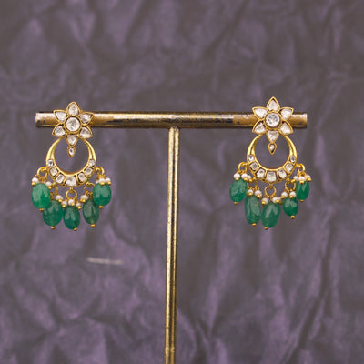 Unique Jadau Kundan Chandbali Earrings With Green Beads