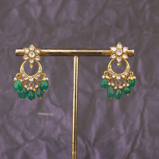 Close-Up Detail View of Unique Jadau Kundan Chandbali Earrings With Green Beads | Dulhan Jewels