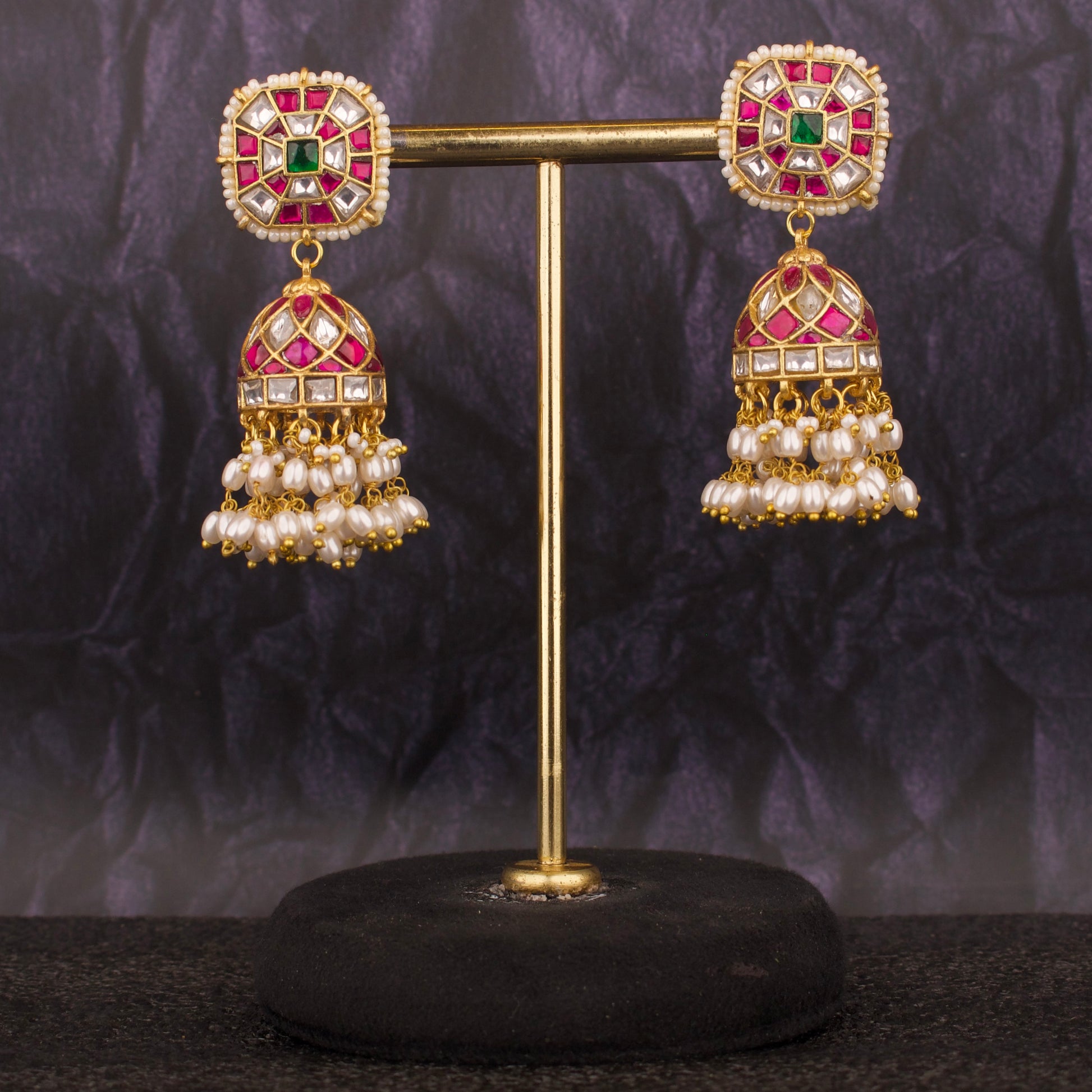 Unique Design Jadau Kundan Jhumki With Rice Pearl Hanging - DULHAN JEWELS