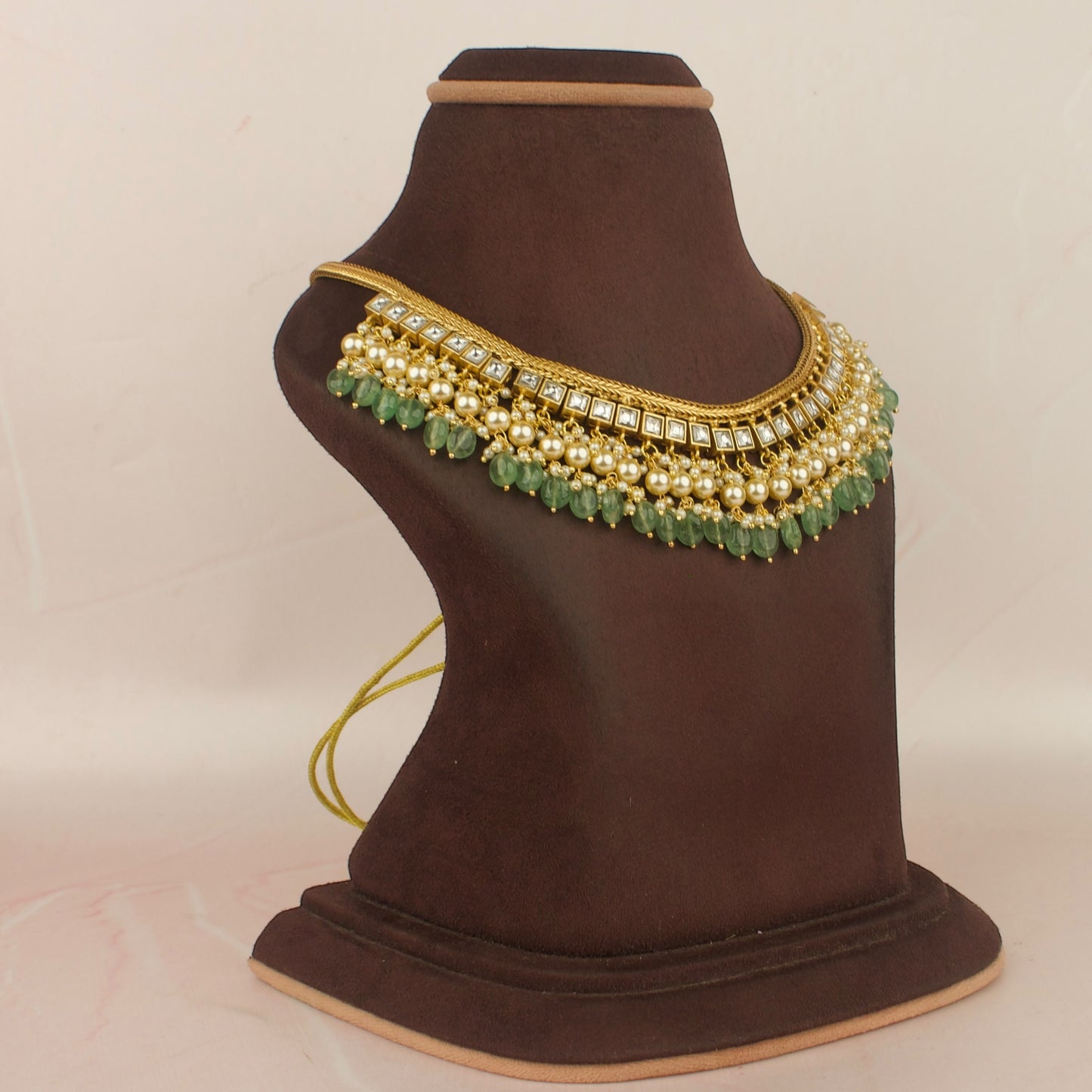 Elegant Jadau Kundan Sleek Necklace With Pearl & Bead Drop