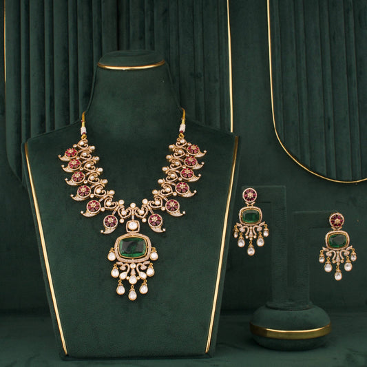 Grand Victorian Polki Necklace Set With Green Stone Pendant And Matching Earrings