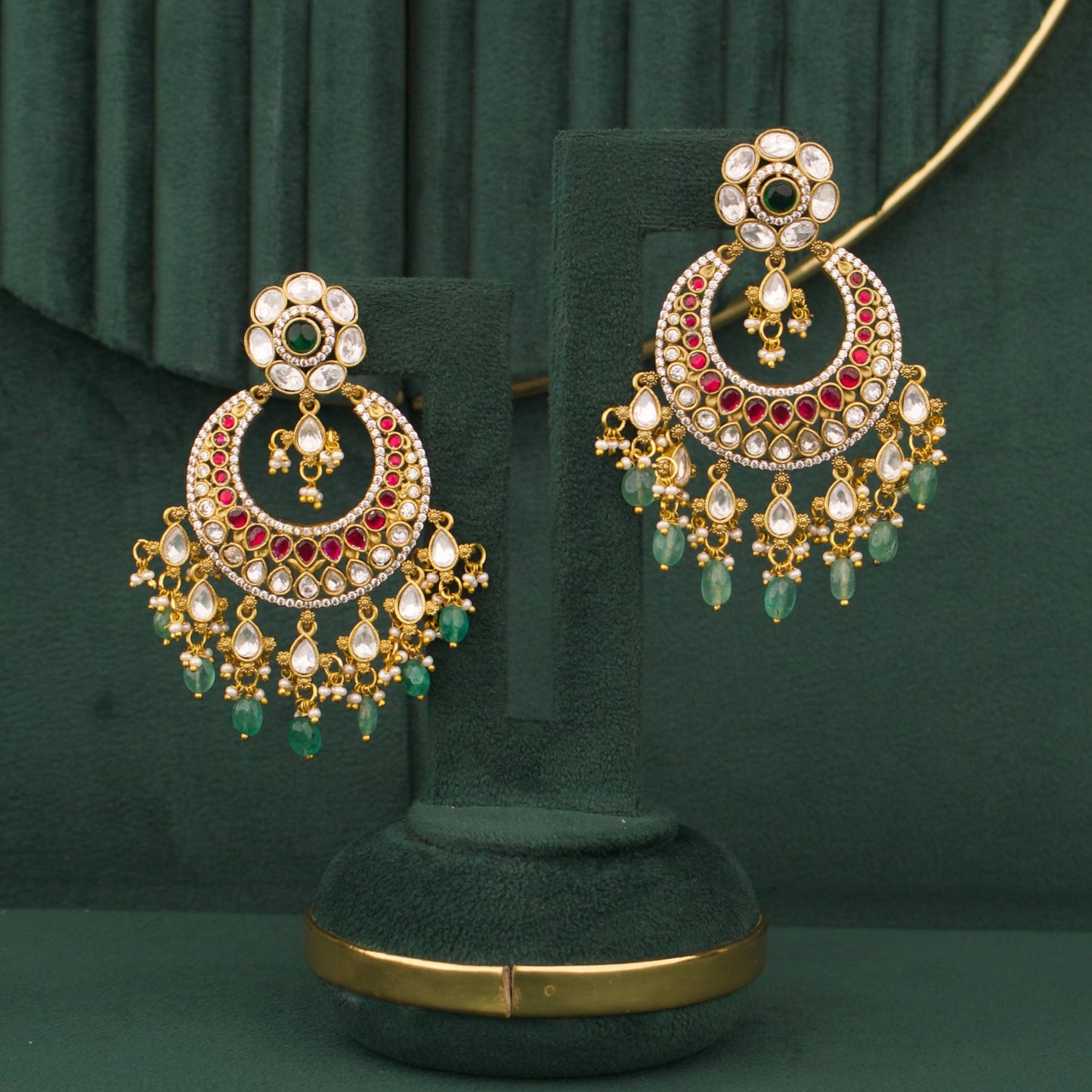 Bridal Victorian Polki Chandbali Earrings with Pearl And Green Bead Hangings