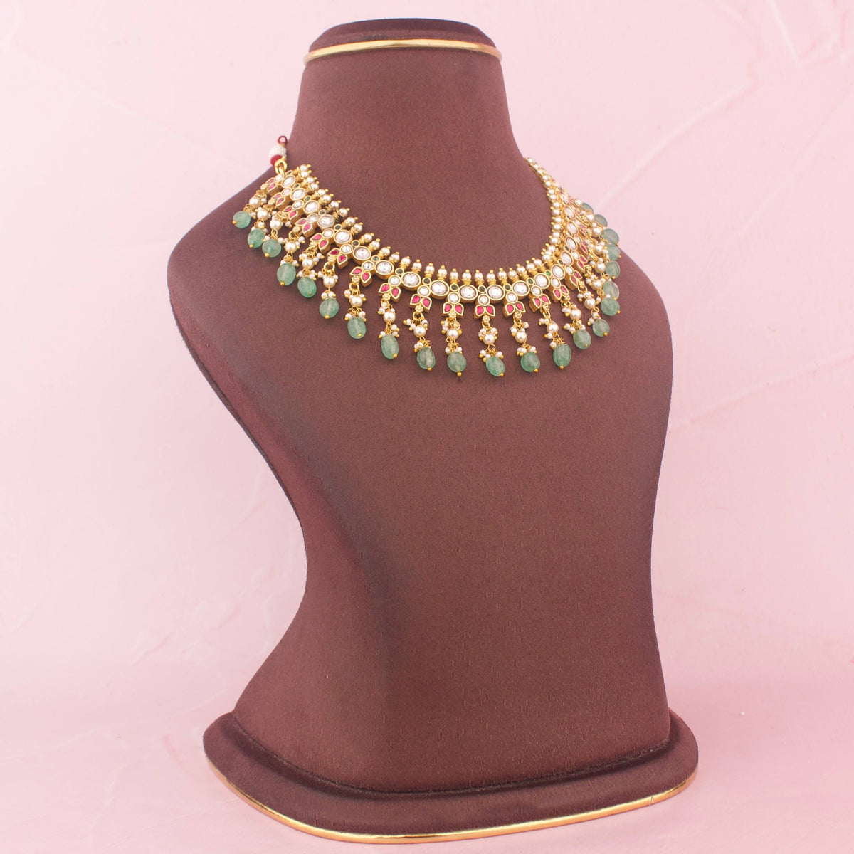 Ethnic Jadau Kundan Necklace With Green Drops