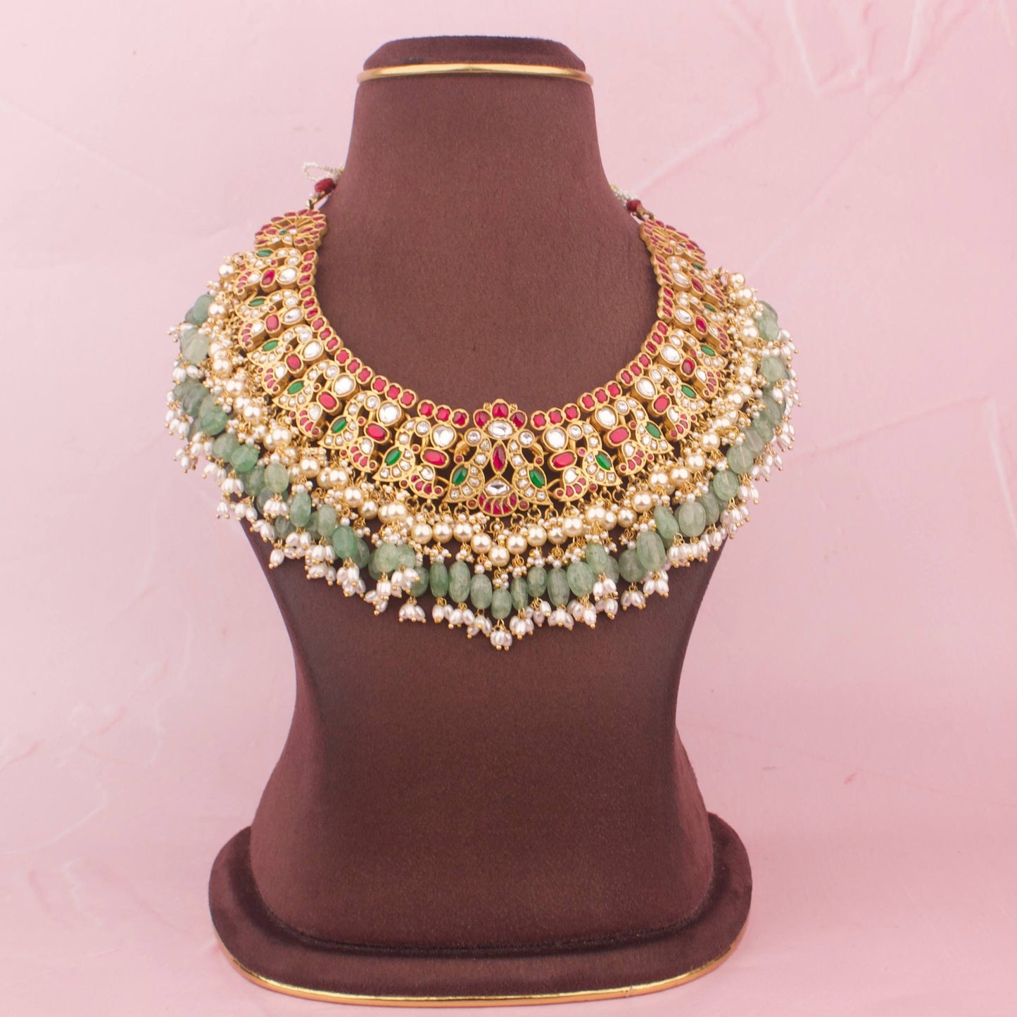 Bridal Peacock Design Jadau Kundan Necklace with Green Beads - Premium Indian Ethnic Jewelry | Dulhan Jewels