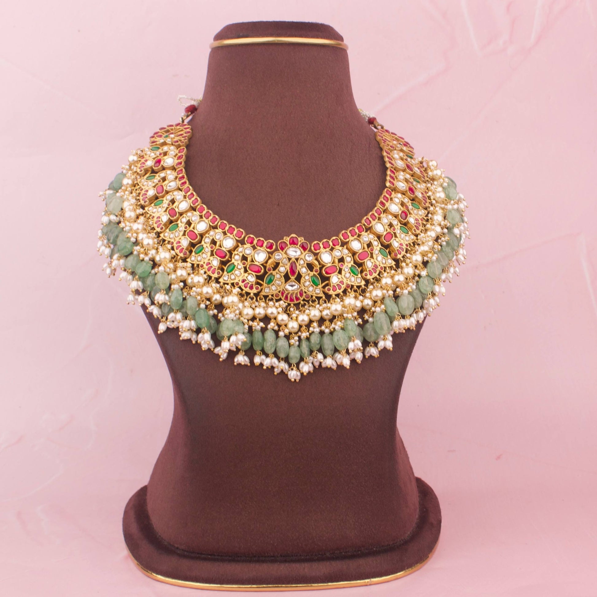 Bridal Peacock Design Jadau Kundan Necklace with Green Beads - Premium Indian Ethnic Jewelry | Dulhan Jewels