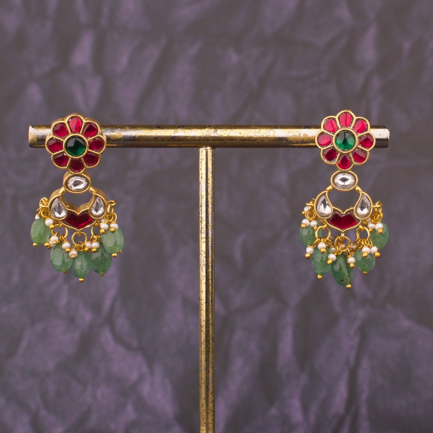 Floral Studded Jadau Kundan Mini Chandbali Earrings