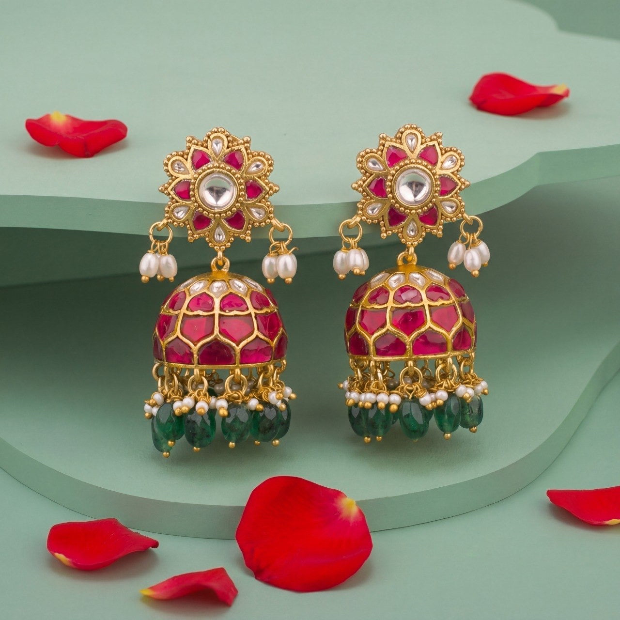 Designer Jadau Kundan Jhumka Earrings With Ruby Stones and Green Drops