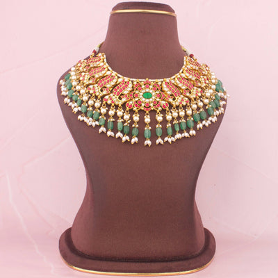 Jadau Kundan Short Necklace Set With Emerald Green Beads
