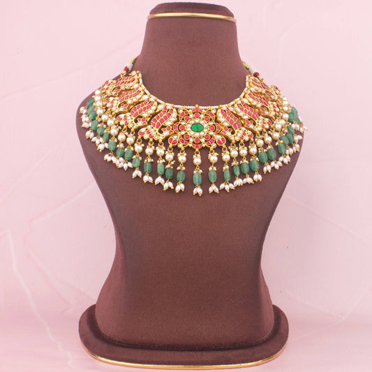 Jadau Kundan Short Necklace Set With Emerald Green Beads