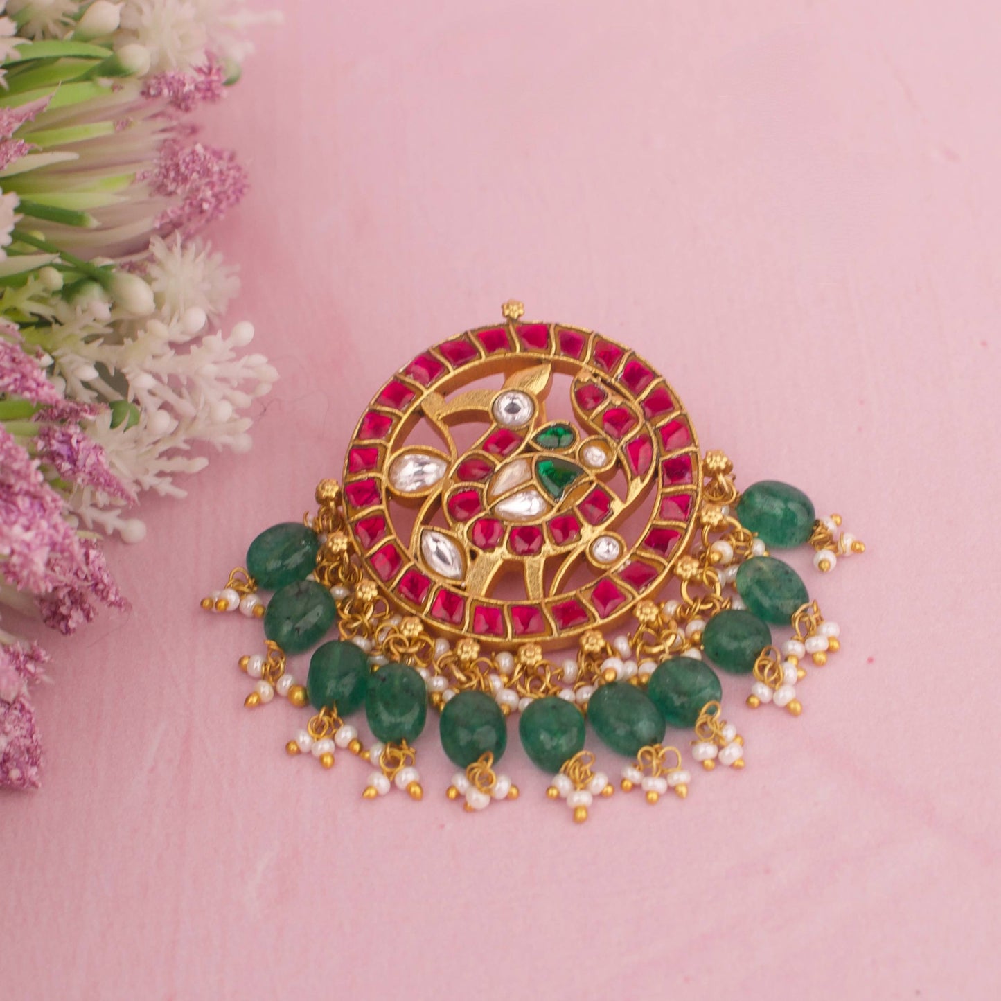 Heritage Royal Jadau Kundan Peacock Design Pendant With Emerald Hangings