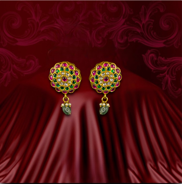 Gold Plated Round Kundan Stud Earrings with beads